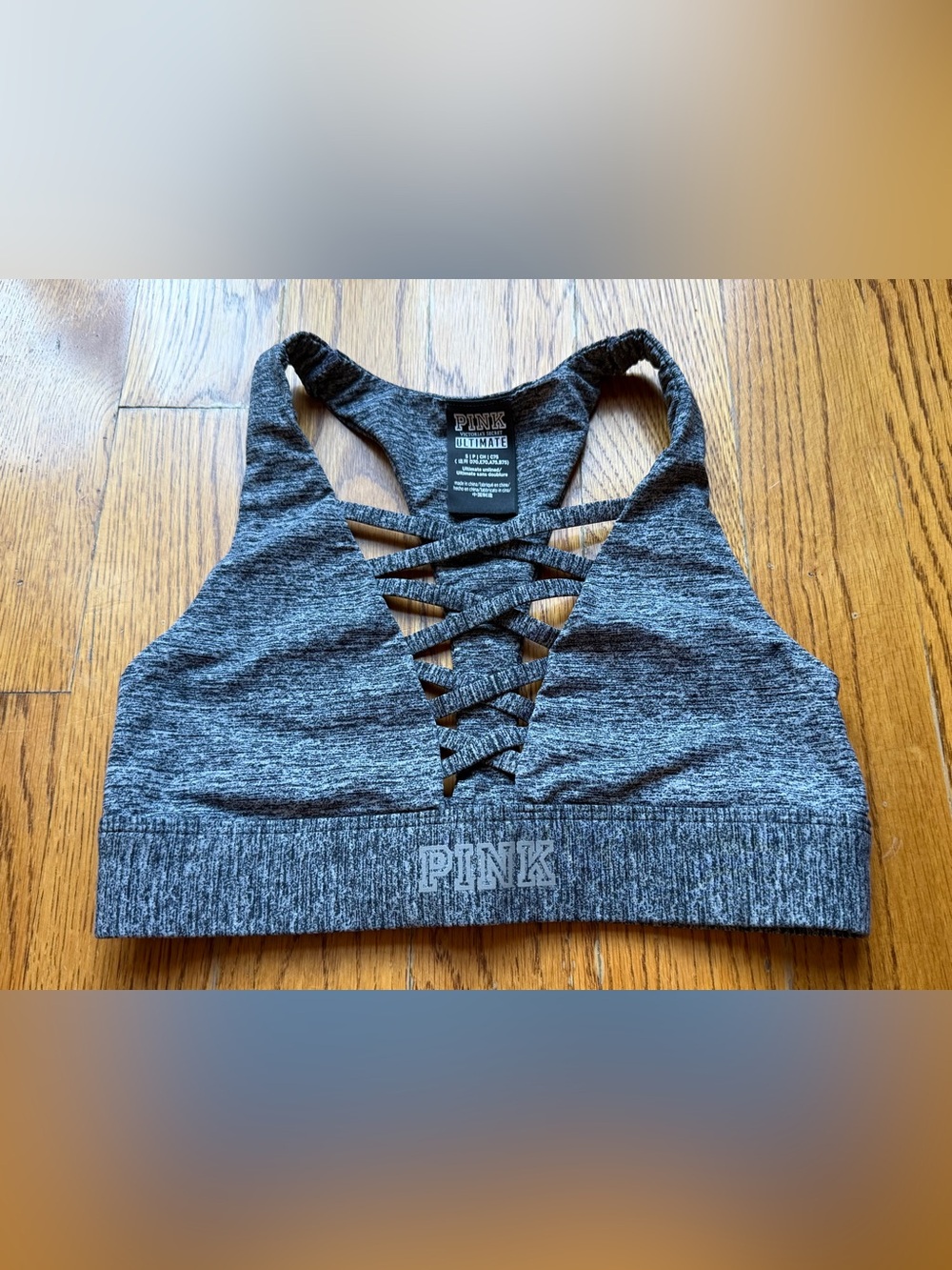 PINK Victoria's Secret Ultimate Sports Bra Lattice Front Gray Marl Size Small
